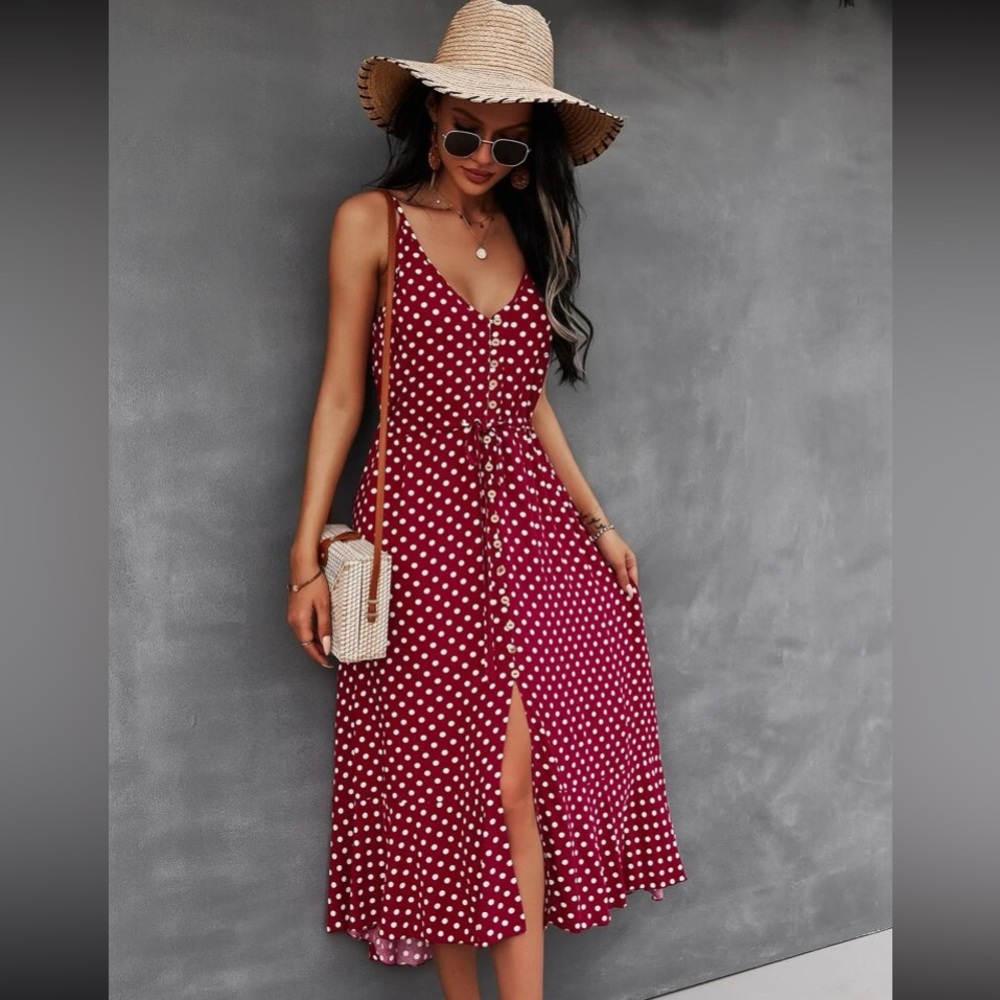 Boho polka dots print button detail drawstring waist cami dress - Picture 14 of 16